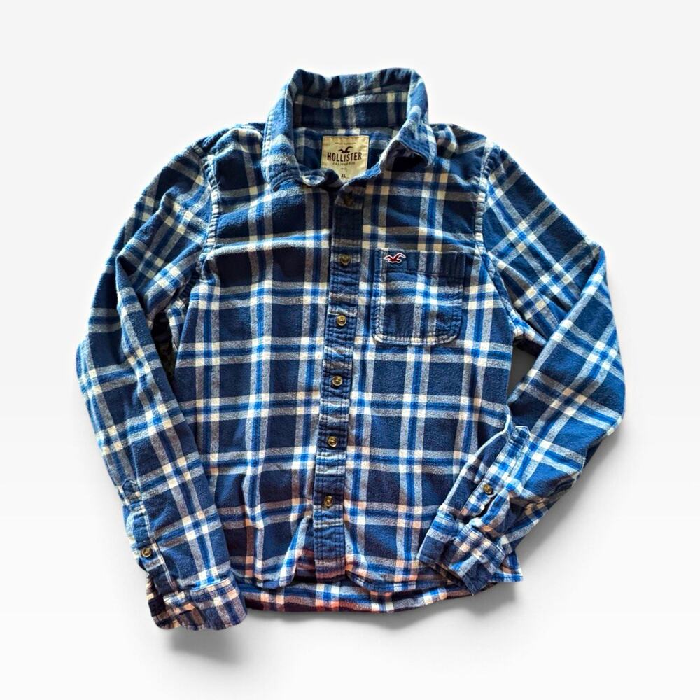Hollister Mens XL Blue Plaid Flannel Shirt Long Sleeve Button Up Logo Pocket